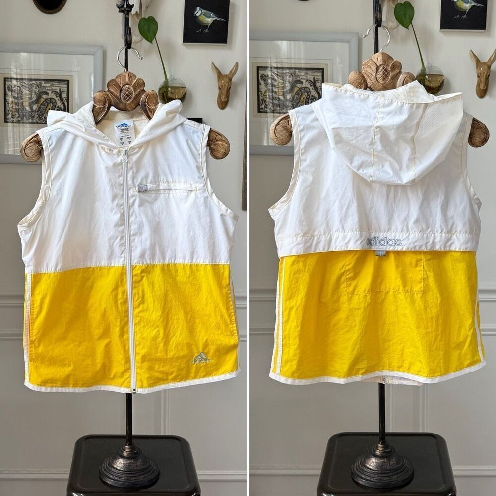 Vintage Adidas 90s Sleeveless Windbreaker Hooded Vest Yellow White M